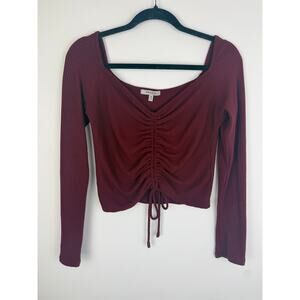 Papaya Womens Long Sleeve Front Ruched Cropped Rib Knit Burgundy Top Medium